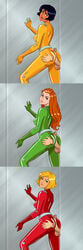 3girls alex_(totally_spies) anal arched_back arm_support ass_grab belt black_hair blonde_hair blue_eyes bodysuit brown_eyes buttjob clothing clover_(totally_spies) covered_buttjob dark-skinned_female dark_skin disembodied_hand disembodied_penis female figgylicious green_eyes hair handwear hazel_eyes human leaning long_hair looking_back male montage multiple_girls orange_hair pale_skin penis purple_hair redhead sam_(totally_spies) short_hair sideboob skin_tight straight testicles totally_spies trio unseen_male_face yellow_eyes