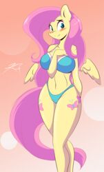 1girls anthro bikini blue_eyes cleavage cutie_mark female fluttershy_(mlp) friendship_is_magic mastergodai my_little_pony pink_hair smile solo wings yellow_fur