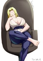 1girls 2024 barefoot big_breasts breasts chair cleavage closed_eyes crossed_legs feet female female_focus huge_breasts konakona mature mature_female mature_woman naruto naruto_(series) naruto_shippuden sleeping solo text_focus toes tsunade