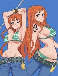 1girls armpits arms_above_head arms_up ass back_view belly_button belt bikini bikini_bottom bikini_top bracelet brown_eyes child_bearing_hips female female_only hips hyyun jeans large_breasts long_hair lowleg midriff nami nami_(one_piece) navel one_piece orange_hair pose posing post-timeskip shirtless sideboob smile staff striped_bikini tattoo thong underboob