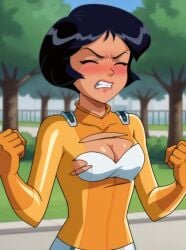 ai_generated ass bigmic145 black_hair bodysuit bra breasts clover_(totally_spies) exposed_breasts female medium_breasts ripped_clothing solo_female totally_spies wardrobe_malfunction