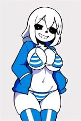 1girls ai_generated alternate_universe black_eyes blue_jacket breasts female female_sans hands_in_pockets humanoid jacket pixai rule_63 sans shoulder_length_hair simple_background skeleton skeleton_girl smile solo striped_bra striped_legwear striped_panties thighhighs undertale undertale_(series) white_hair white_pupils white_skin