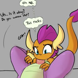 anthro blue_eyes dragon fellatio female friendship_is_magic hasbro male mohawk my_little_pony oral orange_body orange_skin partial_male penis purple_body purple_skin smile smolder_(mlp) spike_(mlp) tjpones