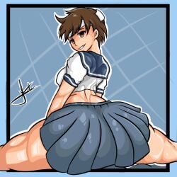 1girls ass ass_focus big_ass breasts brown_eyes brown_hair capcom from_behind headband kappitaec looking_at_viewer looking_back sakura_kasugano school_uniform schoolgirl short_hair skirt smile splits street_fighter thick thick_ass thick_thighs