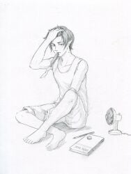 1boy 2010s adventure_time anime_style barefoot book cartoon_network eating_food eraser fan fangcovenly fully_clothed hand_on_hair heat looking_at_viewer marshall_lee pencil pencil_(artwork) short_hair shorts sitting slender solo solo_focus solo_male tank_top white_background