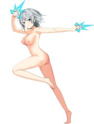 1girls ass blue_eyes breasts completely_nude edit feet large_breasts moe_ninja_girls nipples nude nude_female nude_filter revision ricka_machiyuki short_hair silver_hair standing_on_one_leg third-party_edit weapon