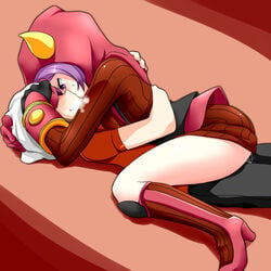 1boy 1girls blush boots brendan_(pokemon) clothed_sex courtney_(pokemon) courtney_(pokemon_oras) cowgirl_position cum cum_in_pussy fake_horns female female_on_top gloves hat heavy_breathing high_heel_boots high_heels highres hoodie horned_headwear hug human human_only jacket kissing kissing_while_penetrated light-skinned_female male nintendo pokemon pokemon_oras purple_eyes purple_hair saliva sex short_hair straight team_magma uniform vaginal_penetration watarui