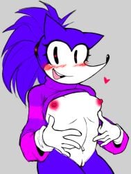 anonymous_artist blush colored female flat_chested furry gloves heart hedgehog hedgehog_ears hedgehog_girl hedgehog_humanoid hedgehog_tail needlemouse_(character) needlemouse_(series) pink_nipples ponytail pussy sarah_henderson_(needlemouse) shirt_up sonic.exe_(series) sweater