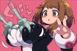 blush bodysuit boku_no_hero_academia breast_grab breast_squeeze breasts brown_eyes brown_hair groping_breasts hero_outfit_(mha) huge_breasts japanese_text my_hero_academia ochako_uraraka squeezing_breast surprised sweatdrop zankuro