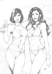 2014 2girls asami_sato avatar_legends beach bikini canon_couple deilson female female_only human korra medium_breasts monochrome multiple_females straight_hair swimsuit the_avatar the_legend_of_korra traditional_media_(artwork) water_tribe yuri