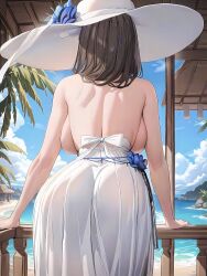 ai_generated back_view backboob beach big_breasts black_hair dress goddess_of_victory:_nikke hat mary_(bay_goddess)_(nikke) mary_(nikke) nurse sideboob