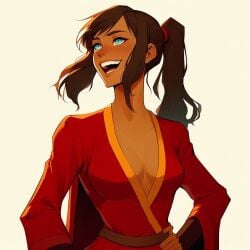 1girls ai_generated alternate_costume avatar_legends blue_eyes brown_hair cleavage dark-skinned_female dark_skin female hands_on_hips korra laughing plunging_neckline ponytail red_robe robe robes smile the_avatar the_legend_of_korra water_tribe