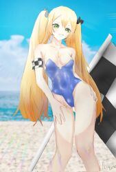 beach bunnysuit checkered_flag cleavage dokibird indie_virtual_youtuber nandeded smiling thighs twintails virtual_youtuber yellow_hair