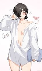 atlus belly_button bite_mark black_hair blush cum_drip cuntboy cuntboy_focus femboy feminine feminine_body feminine_cuntboy feminine_intersex feminine_pose girly hair_over_one_eye hickey kurosu_jun open_shirt persona persona_2 persona_2_eternal_punishment persona_2_innocent_sin shirt_only sissy sleeves_past_wrists stomach suggestive suou_tatsuya thick_thighs trap twink waking_up yaoi