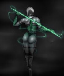 1girls 2d ass back_view bare_shoulders bob_cut gloves green_clothing highheels holding_object holding_weapon khameleon leggings leotard mortal_kombat mortal_kombat_1_(2023) netherrealm_studios pale-skinned_female pale_skin pole short_hair sleeveless solo solo_female standing thong warner_brothers white_hair