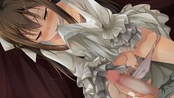 blush brown_eyes brown_hair censored cube_(company) cuffs_(company) dress dress_lift female frills game_cg handjob human kantoku koi_suru_kanojo_no_bukiyou_na_butai long_hair male masturbation mosaic_censoring panties panties_down penis pussy_juice straight togawa_mayuu white_panties