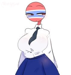 1girls big_breasts blue_skirt countryhumans countryhumans_girl kak0yt0_chel looking_away red_skin student thai_student_uniform thailand_(countryhumans) tie white_shirt