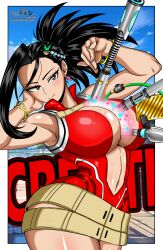 1girls big_breasts black_eyes black_hair bracelets breasts ear_ring earrings female female_focus hero_outfit_(mha) izuku_midoriya momo_yaoyorozu my_hero_academia quirk_(mha) raidon_dimentional_land ring shiny_skin