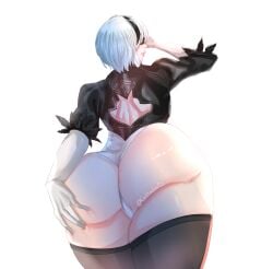 1girls ass ass_focus big_ass blindfold cattailarts fat_ass female female_only hairband hand_on_ass hand_on_butt huge_ass leotard light-skinned_female light_skin nier nier:_automata rear_view short_hair solo thick_thighs thighhighs white_background white_hair yorha_2b