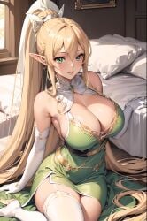 ai_generated artist_request bed blonde_hair blush clothing curvy earrings elf female gloves green_eyes hips huge_breasts kirigaya_suguha leafa looking_at_viewer ponytail stockings sword_art_online thick thick_thighs