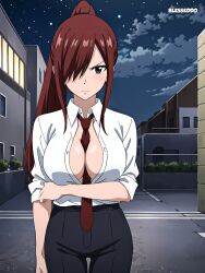 1girls ai_generated big_breasts blesseddo boob_window cleavage erza_scarlet fairy_tail hair_over_one_eye long_hair looking_at_viewer red_hair