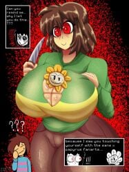 1boy 1girls 2d aged_up artist_request big_breasts boob_window breasts brown_hair chara comedy dganimation dialogue english_dialogue english_text female flowey_the_flower frisk funny hourglass_figure human humor in_cleavage red_eyes ripped_clothing sweater tagme_(artist) talking text thick_thighs undertale undertale_(series)