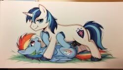 ai_generated blue_body blue_fur equid equine friendship_is_magic fur hasbro horn horse my_little_pony pegasus pony rainbow_dash_(mlp) shining_armor_(mlp) tail unicorn white_body white_fur