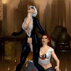 2girls 3d alstair2 black_cat_(marvel) cooch crotch cuntbusting felicia_hardy female female_only human human_only lowblow marvel mary_jane_watson spider-man_(series) spider-man_crop_top themed_clothes yuri