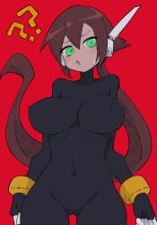 1girls :o ?? aile alternate_breast_size athletic athletic_female bangs big_breasts black_bodysuit blush_lines bodysuit brown_hair buzzlyears confused confusion covered_navel curvy female green_eyes large_breasts long_hair mega_man mega_man_zx mostly_nude navel nervous nervous_sweat nipple_bulge open_mouth red_background shocked skin_tight slim slim_waist solo sweatdrop thigh_gap