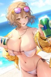 1girls anis_(nikke) anis_(sparkling_summer)_(nikke) bikini blonde_hair blurry breasts can cleavage depth_of_field drink_can eyepatch_bikini female goddess_of_victory:_nikke highres huge_breasts large_breasts looking_at_viewer navel offering_drink offering_to_viewer open_mouth ruhee short_hair smile soda_can solo sunglasses_on_head swimsuit voluptuous yellow_eyes