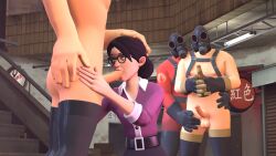 1girls 3boys 3d balls beer bisexual blowjob clothed_female_nude_male erection femboy femboy_on_female gas_mask glasses gloves hand_on_head hands_on_hips latex looking_up miss_pauling pale_skin penis public_sex pyro_(team_fortress_2) source_filmmaker team_fortress_2 thigh_boots