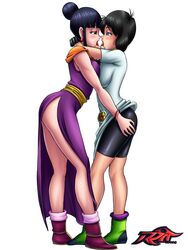 2girls age_difference ass ass_grab big_ass big_breasts bike_shorts black_eyes black_hair blue_eyes breast_press breasts chichi dragon_ball dragon_ball_z female female_only fully_clothed hair_bun hugging human in-lawcest kissing large_ass milf mother-in-law_and_daughter-in-law multiple_females multiple_girls older_female reit shirt tongue_out videl white_shirt younger_female yuri