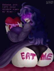 1girl 1girls alucard_belmont ass ass_bigger_than_head ass_focus bbw big_ass big_breasts big_butt black_panties black_underwear bodypaint butt_focus chubby chubby_female dress dress_lift english_text female female_only hex_maniac human human_characters_in_pokémon pale-skinned_female pale_skin plump plump_ass pokemon pokemon_xy pov purple_eyes purple_hair solo_female valentine's_day yandere