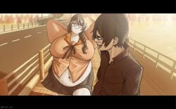 1girl1boy :3 araragi_koyomi bbw belly belly_button big_ass big_belly big_breasts big_butt big_hips big_thighs blush blushing brown_hair chubby chubby_belly chubby_cheeks chubby_female exposed_belly exposed_torso fat fat_arms fat_ass fat_belly fat_face fat_female front_view glasses hands_behind_head hanekawa_tsubasa huge_belly huge_breasts kizumonogatari large_belly large_breasts looking_back obese obese_female overweight overweight_female presiart school_uniform schoolgirl skirt wide_hips