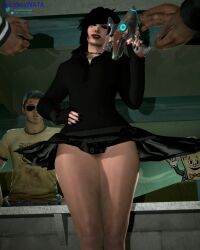 3d alien_blaster ashley_hate being_watched black_clothing black_hair black_skirt blaster clapping ellis emo exposed_pussy female firearm goth goth_girl handgun hoodie human left_4_dead left_4_dead_2 light-skinned_female male no_panties original_character pale_skin pubic_hair skirt skirt_lift thick_thighs unaware voicelesswata wardrobe_malfunction weapon zoey_(left_4_dead)