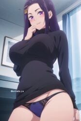 1girls ai_generated arisato_yu beauty_mark big_ass big_breasts blush dosanko_gal_wa_namara_menkoi female hair_ornament long_hair looking_at_viewer panties purple_eyes purple_hair sayuri_akino shounen_jump+ smile sweater