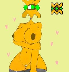 1girls cube_86_(geometry_dash) geometry_dash green_eyes heart nude nude_female tobbuck yellow_background yellow_body yellow_skin