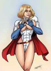 2012 blonde_hair blue_eyes breasts breasts_out cape costume covering_breasts dc dc_comics female gloves huge_breasts justice_society large_breasts looking_at_viewer power_girl skin smile solo thighs