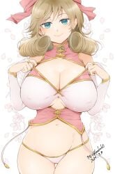 1girl 1girls 2024 2d 2d_(artwork) blonde blonde_female blonde_hair boob_window boobs bow breasts bridal_gauntlets cameltoe cleavage cleavage_cutout closed_mouth curly_hair dated digital_drawing_(artwork) digital_media female female_focus female_only fingerless_gloves gloves green_eyes hairbow haruka_(senran_kagura) kinako_(mzknk0) large_breasts looking_at_viewer marvelous nipple_bulge panties pink_bow pink_hairbow pink_topwear pulling_clothing seductive seductive_look seductive_smile senran_kagura short_hair smile smiling smiling_at_viewer solo solo_female solo_focus swept_bangs tits twitter_username watermark white_background white_gloves white_panties