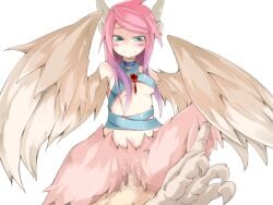 1boy bird_legs blush breasts brown_feathers brown_wings censored cum earrings feather_hair feathered_wings feathers female frfr game_cg gradient_hair harpy jewelry looking_at_viewer mon-musu_quest! monster_girl mosaic_censoring multicolored_hair non-web_source penis pink_feathers pink_hair pov purple_hair reina_(mon-musu_quest!) sex small_breasts smile straight transparent_background winged_arms wings