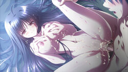 1boy ahoge areolae blood breasts brown_eyes cum cum_in_pussy female large_breasts long_hair natsuzora_no_perseus navel nipples nude open_mouth penis purple_hair pussy_juice self_fondle sex shouna_mitsuishi straight sweat tohno_ren uncensored vaginal_penetration virgin