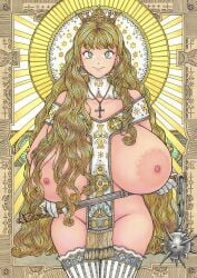 blonde_hair breasts christianity cross crown curly_hair female green_eyes highres huge_breasts large_areolae long_hair mace nipples official_art original pelvic_curtain religion solo_female suzuki_kenya tagme thighhighs titty_morgane_(suzuki_kenya) weapon