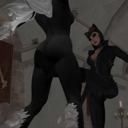 2girls 3d alstair2 batman_(series) black_cat_(marvel) catwoman catwoman_(arkham) cooch crossover crotch cuntbusting dc felicia_hardy female female_only human human_only lowblow marvel selina_kyle spider-man_(series)