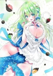 arim0k0 big_breasts breasts breasts_squeezed_together chocolate frills frilly frilly_clothing frog_hair_ornament fruit heart_hands heart_shape hips large_breasts sanae_kochiya squished_breasts thighs touhou valentine's_day white_background