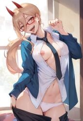 1girls a1exwell ai_generated areola_slip blonde_hair chainsaw_man chastity_device cutesexyrobutts_(style) cutesexyrobutts_ai_artstyle_imitation demon demon_girl female glasses horns light-skinned_female long_hair looking_at_viewer mappa nipple_slip no_bra open_clothes pale-skinned_female panties petite ponytail power_(chainsaw_man) pulling_down_pants red_glasses red_horns school_uniform schoolgirl seductive_look seductive_mouth sharp_teeth slim smile stable_diffusion symbol-shaped_pupils tie tongue_out unbuttoned_shirt underwear yellow_eyes