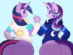 2019 4:3 anthro bottomless breasts butt clothed clothing digital_media duo equid equine eye_contact female friendship_is_magic hi_res horn looking_at_another mammal my_little_pony rear_view simple_background starlight_glimmer suirano twilight_sparkle_(mlp) unicorn