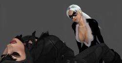 2girls 3d alstair2 batman:_arkham_city batman_(series) black_cat_(marvel) catwoman catwoman_(arkham) catwoman_(arkham_city) crossover crotch cuntbusting dc dc_comics felicia_hardy female female_only human human_only lowblow marvel marvel_comics selina_kyle spider-man_(series) unconscious