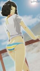 1girls 3d 3d_(artwork) alternate_version_available ass ass_shot atlus bikini bikini_bottom bottomwear brown_eyes brown_hair dochaunt24 female female_only hair lips looking_back mature mature_female mature_woman persona persona_5 sadayo_kawakami shirt smile solo solo_female striped_bikini_bottom swimwear textless textless_version thighs topwear white_shirt yellow_bikini_bottom