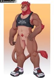 absurd_res andromorph anthro beard bottomless brown_body brown_fur clitoris clothed clothing crop_top_only cuntboy facial_hair felid footwear front_view fur genitals hair hi_res intersex kousen lion looking_at_viewer mammal mostly_nude muscular muscular_andromorph muscular_anthro muscular_cuntboy muscular_intersex pantherine pecs pubes pussy red_hair shoes sneakers socks solo tail tail_tuft tuft whiskers