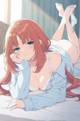 ass blue_eyes blue_shirt blush bra ebimaru_daicon genshin_impact looking_at_viewer mihoyo nilou_(genshin_impact) panties red_hair